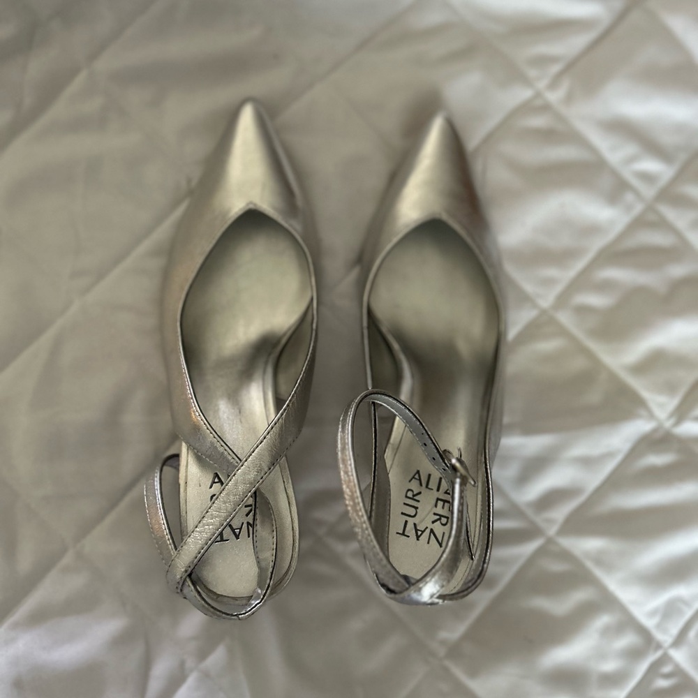 New, never worn Silver Ankle strap pumps
